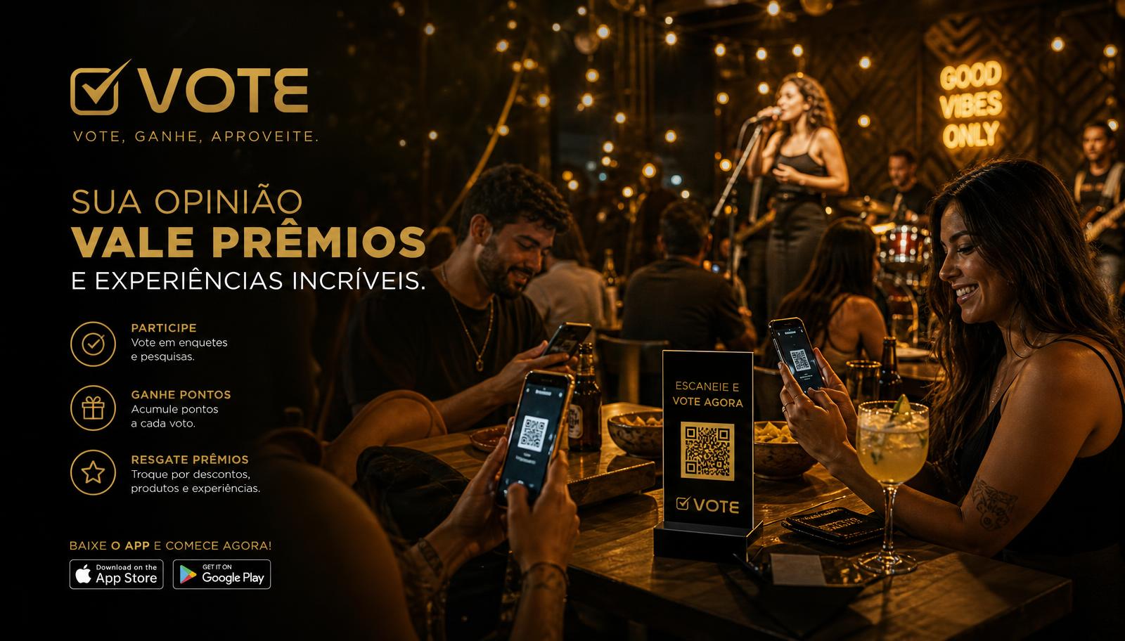 Público em bar assistindo show ao vivo com luzes douradas, escaneando QR Code para votar